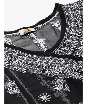 Ada Hand Embroidered Black Georgette Lucknow Chikankari Women Angarkha Kurta With Slip - A411162 5