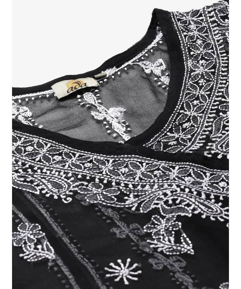 Ada Hand Embroidered Black Georgette Lucknow Chikankari Women Angarkha Kurta With Slip - A411162