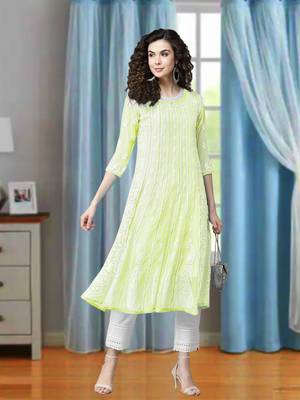 Hand Embroidered Lime Green Georgette Lucknow Chikankari Women Anarkali Kurta 1