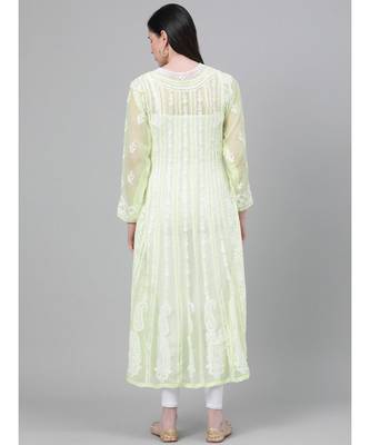 Hand Embroidered Lime Green Georgette Lucknow Chikankari Women Anarkali Kurta 2