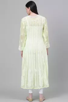 Hand Embroidered Lime Green Georgette Lucknow Chikankari Women Anarkali Kurta