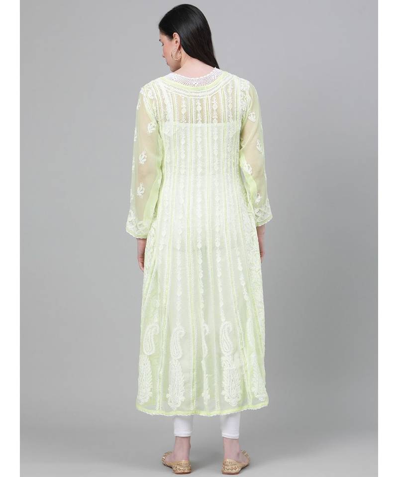 Hand Embroidered Lime Green Georgette Lucknow Chikankari Women Anarkali Kurta