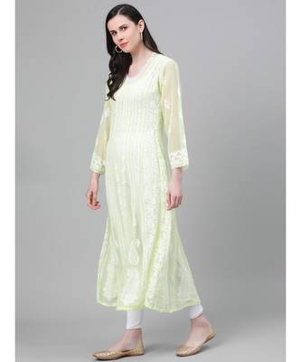 Hand Embroidered Lime Green Georgette Lucknow Chikankari Women Anarkali Kurta 3