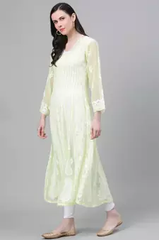 Hand Embroidered Lime Green Georgette Lucknow Chikankari Women Anarkali Kurta