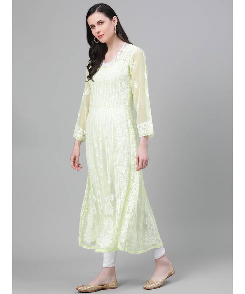 Hand Embroidered Lime Green Georgette Lucknow Chikankari Women Anarkali Kurta