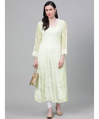 Hand Embroidered Lime Green Georgette Lucknow Chikankari Women Anarkali Kurta 4