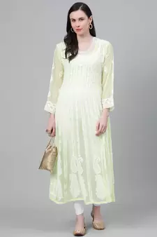 Hand Embroidered Lime Green Georgette Lucknow Chikankari Women Anarkali Kurta