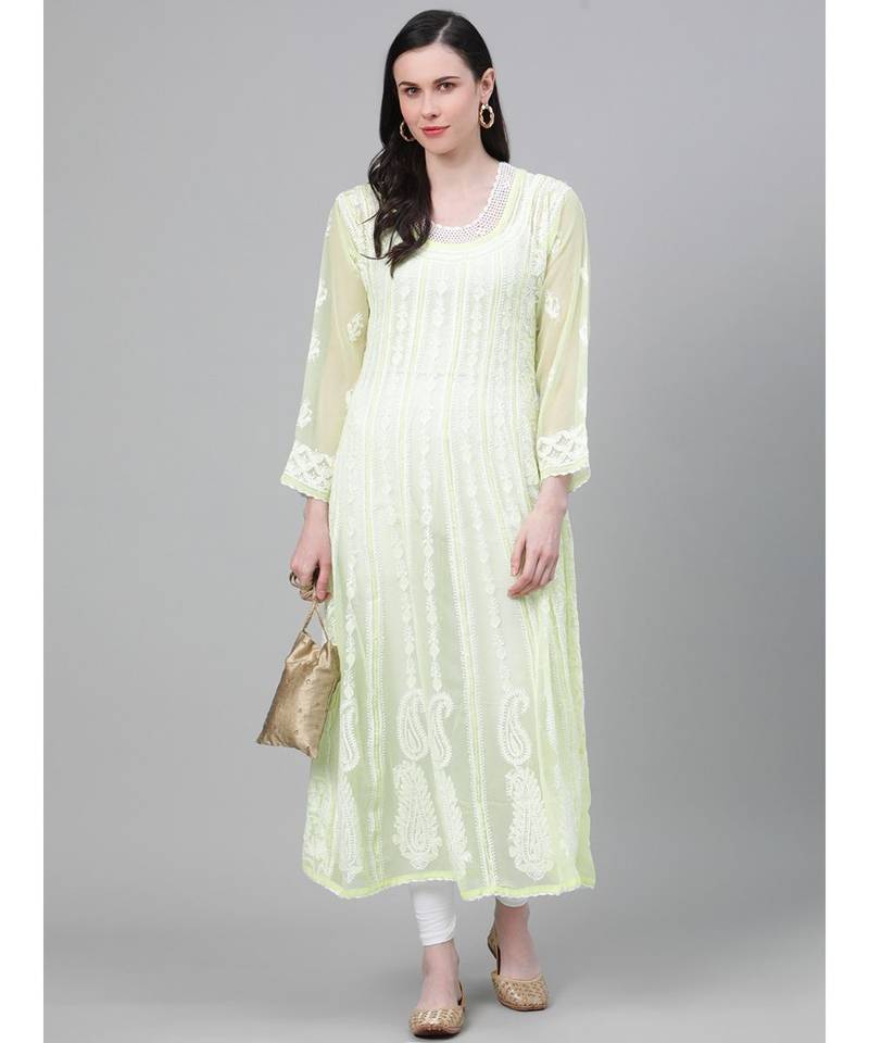 Hand Embroidered Lime Green Georgette Lucknow Chikankari Women Anarkali Kurta