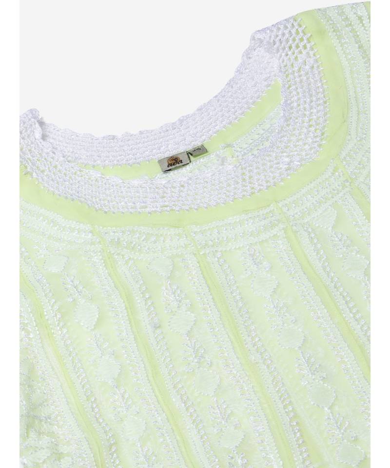 Hand Embroidered Lime Green Georgette Lucknow Chikankari Women Anarkali Kurta