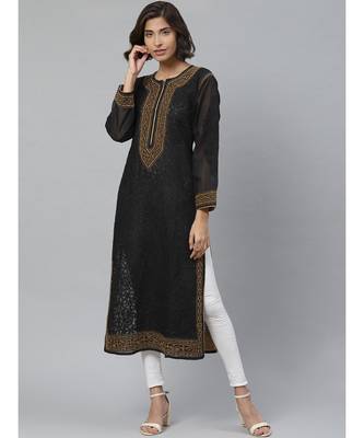 Ada Hand Embroidered Black Cotton Lucknow Chikankari Women Kurta - A411133 1