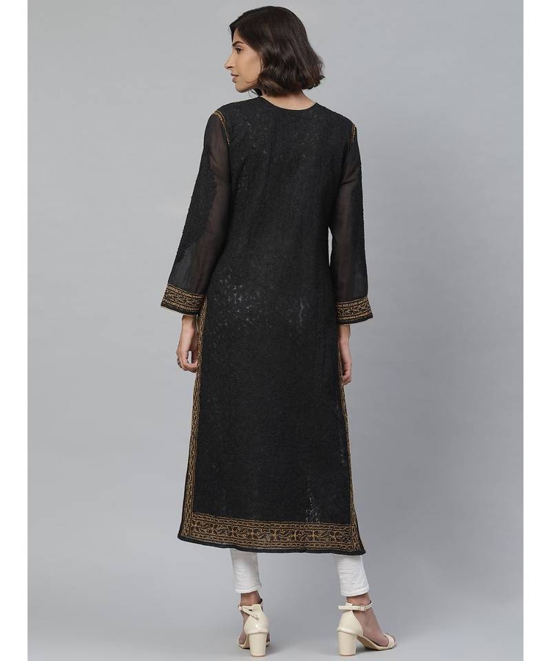 Ada Hand Embroidered Black Cotton Lucknow Chikankari Women Kurta - A411133