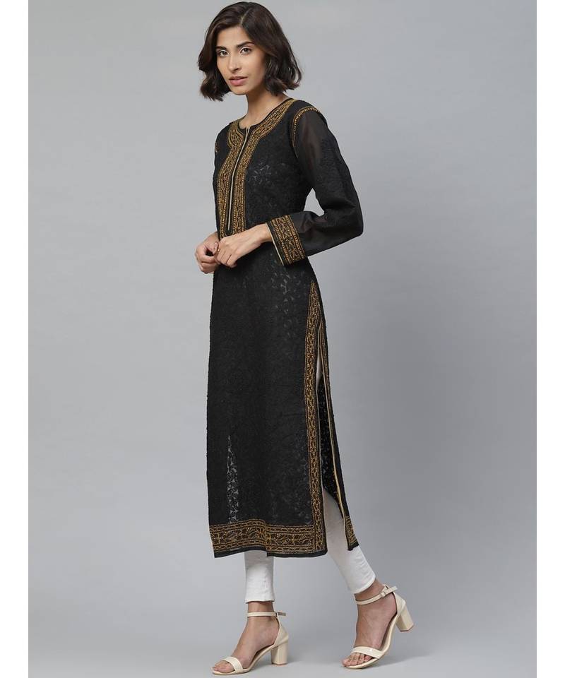 Ada Hand Embroidered Black Cotton Lucknow Chikankari Women Kurta - A411133