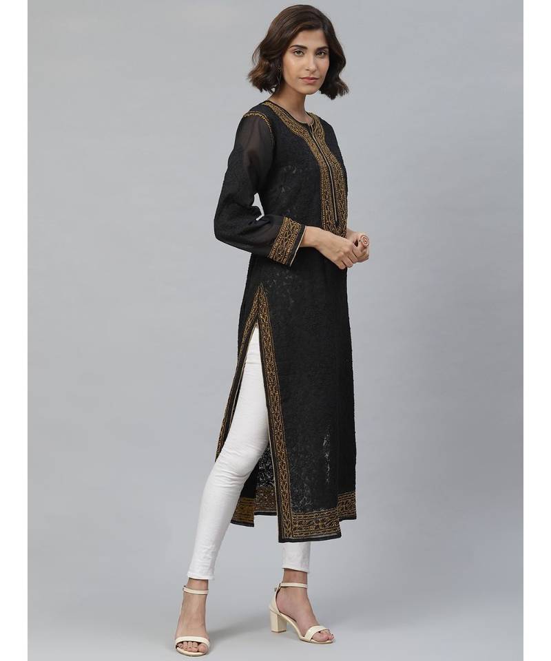 Ada Hand Embroidered Black Cotton Lucknow Chikankari Women Kurta - A411133