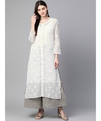 Ada Hand Embroidered White Kota Lucknowi Chikan Women Kurta-Slip With Muqaish Work - A100415 1