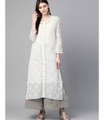 Ada Hand Embroidered White Kota Lucknowi Chikan Women Kurta-Slip With Muqaish Work - A100415