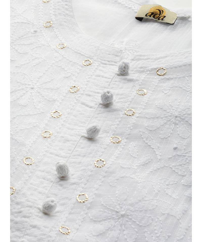 Ada Hand Embroidered White Kota Lucknowi Chikan Women Kurta-Slip With Muqaish Work - A100415