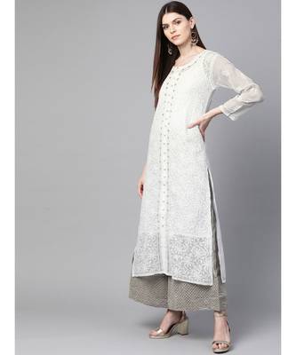 Ada Hand Embroidered White Kota Lucknowi Chikan Women Kurta-Slip With Muqaish Work - A100415 3