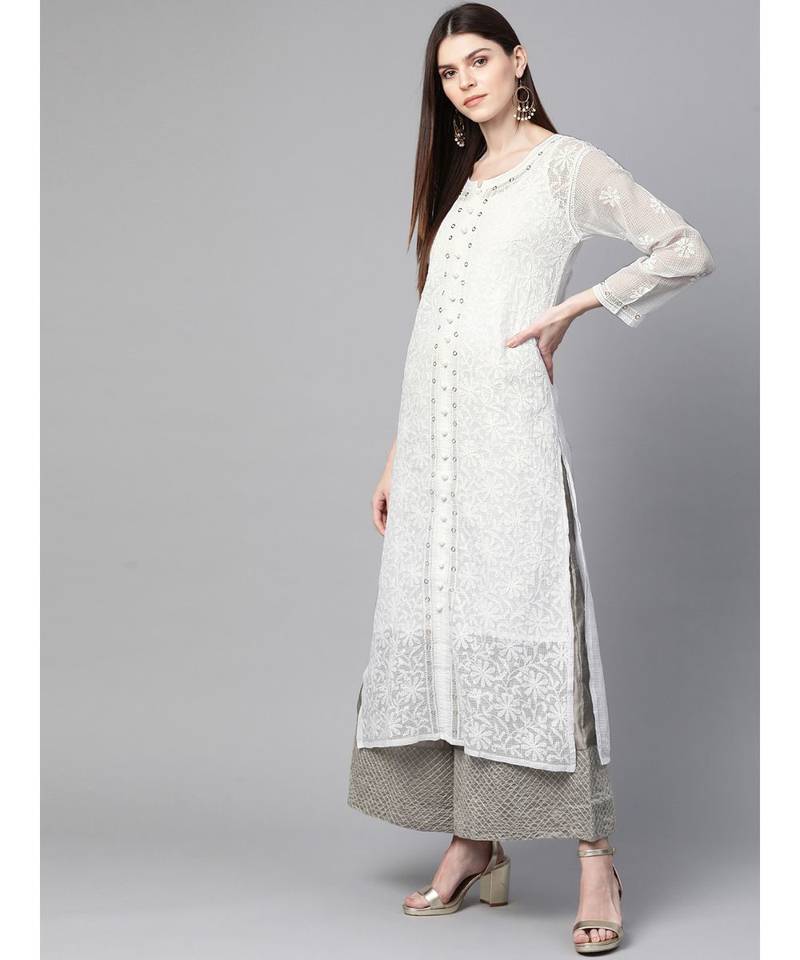Ada Hand Embroidered White Kota Lucknowi Chikan Women Kurta-Slip With Muqaish Work - A100415