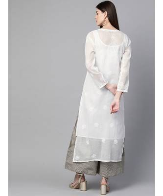 Ada Hand Embroidered White Kota Lucknowi Chikan Women Kurta-Slip With Muqaish Work - A100415 4