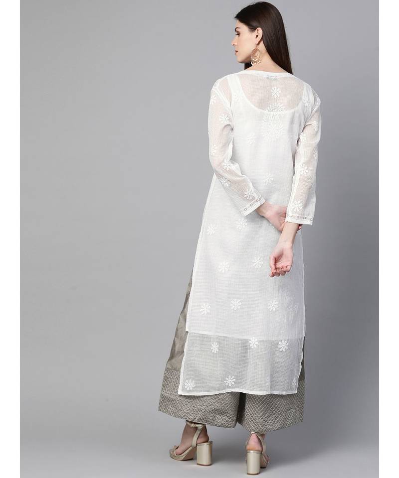 Ada Hand Embroidered White Kota Lucknowi Chikan Women Kurta-Slip With Muqaish Work - A100415