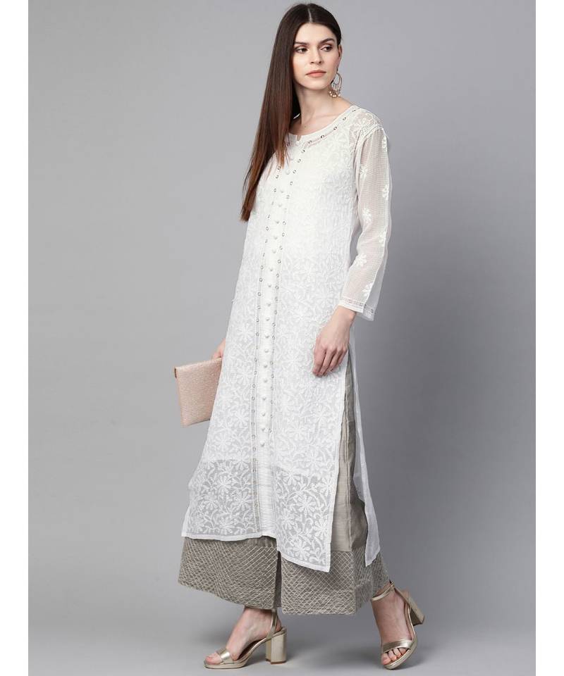 Ada Hand Embroidered White Kota Lucknowi Chikan Women Kurta-Slip With Muqaish Work - A100415