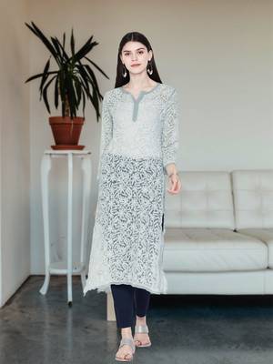 Ada Hand Embroidered Grey Georgette Lucknow Chikankari Women Kurta - A105268 1