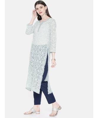 Ada Hand Embroidered Grey Georgette Lucknow Chikankari Women Kurta - A105268 2