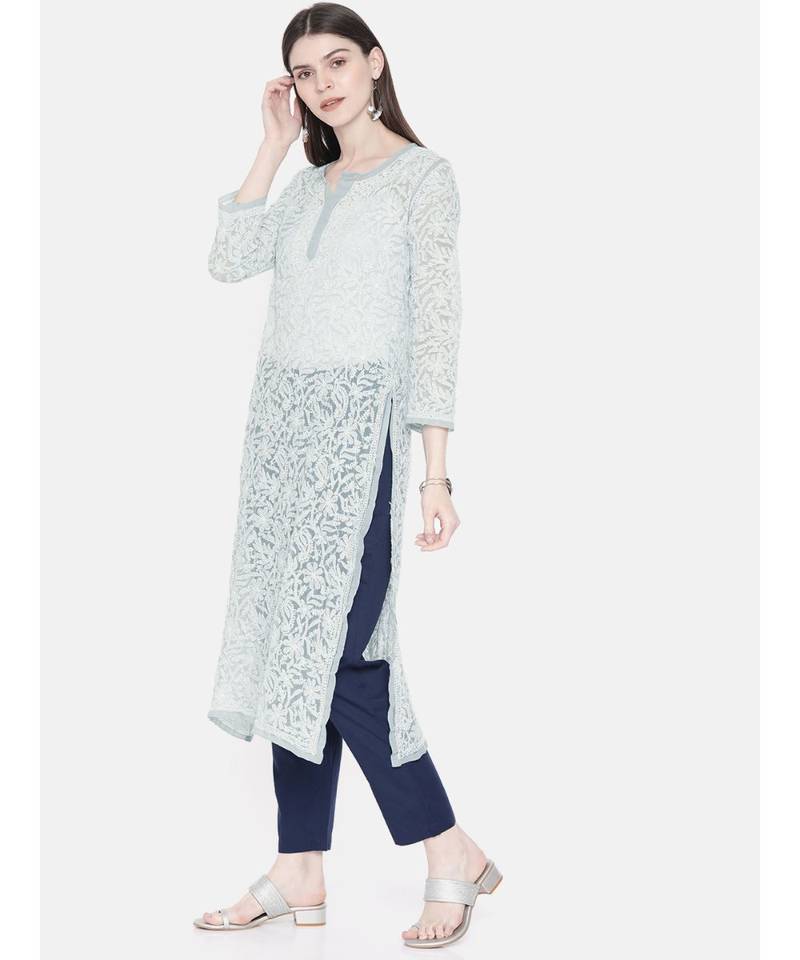 Ada Hand Embroidered Grey Georgette Lucknow Chikankari Women Kurta - A105268