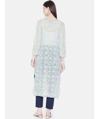 Ada Hand Embroidered Grey Georgette Lucknow Chikankari Women Kurta - A105268 3