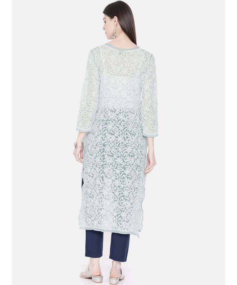 Ada Hand Embroidered Grey Georgette Lucknow Chikankari Women Kurta - A105268