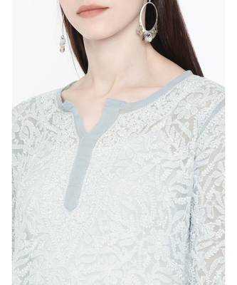 Ada Hand Embroidered Grey Georgette Lucknow Chikankari Women Kurta - A105268 4