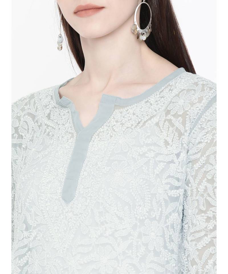 Ada Hand Embroidered Grey Georgette Lucknow Chikankari Women Kurta - A105268