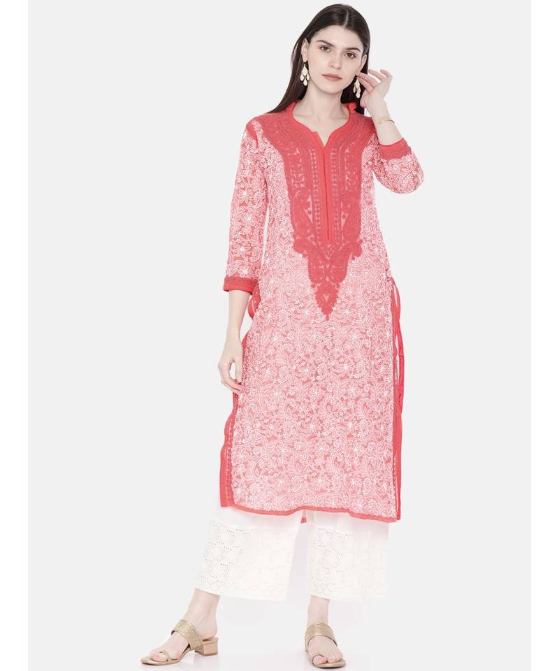 Ada Hand Embroidered Carrot Pink Georgette Lucknow Chikan Kurta