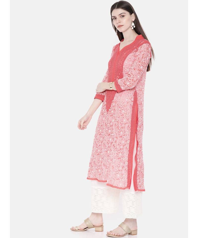 Ada Hand Embroidered Carrot Pink Georgette Lucknow Chikan Kurta
