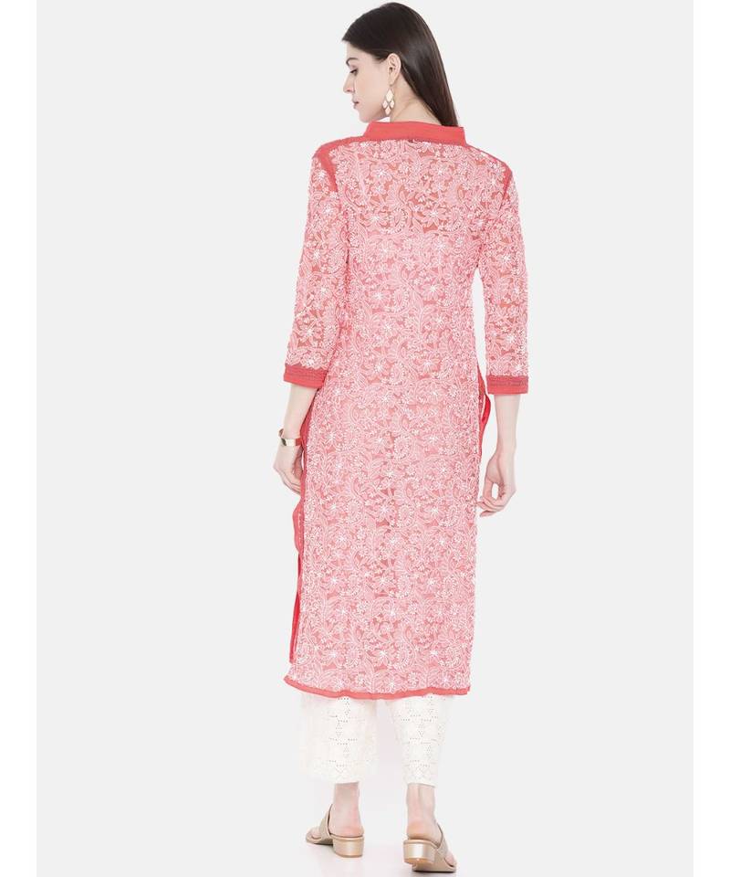 Ada Hand Embroidered Carrot Pink Georgette Lucknow Chikan Kurta