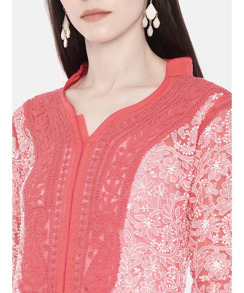 Ada Hand Embroidered Carrot Pink Georgette Lucknow Chikan Kurta