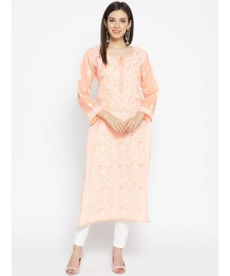 Ada Hand Embroidered Peach Cotton Lucknow Chikankari Women Kurta - A100125 1