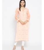 Ada Hand Embroidered Peach Cotton Lucknow Chikankari Women Kurta - A100125