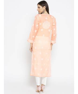 Ada Hand Embroidered Peach Cotton Lucknow Chikankari Women Kurta - A100125 2