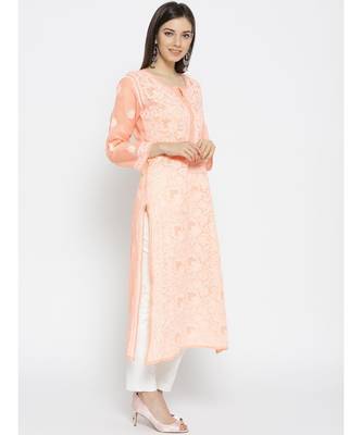Ada Hand Embroidered Peach Cotton Lucknow Chikankari Women Kurta - A100125 3