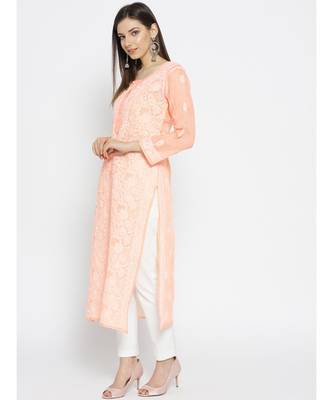 Ada Hand Embroidered Peach Cotton Lucknow Chikankari Women Kurta - A100125 4