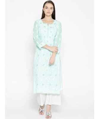 Ada Hand Embroidered Sea Green Cotton Lucknow Chikankari Women Kurta - A100122 1