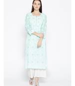 Ada Hand Embroidered Sea Green Cotton Lucknow Chikankari Women Kurta - A100122