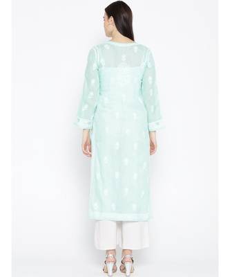 Ada Hand Embroidered Sea Green Cotton Lucknow Chikankari Women Kurta - A100122 2