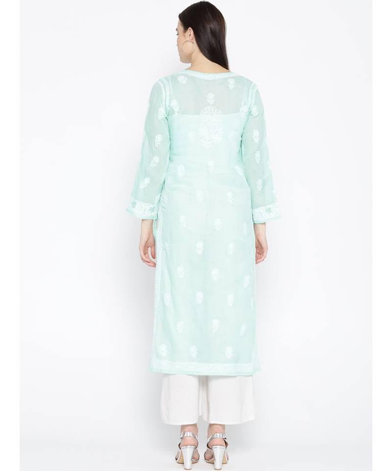 Ada Hand Embroidered Sea Green Cotton Lucknow Chikankari Women Kurta - A100122