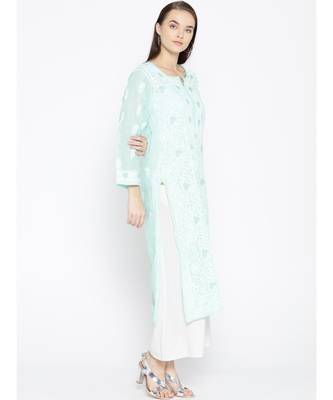 Ada Hand Embroidered Sea Green Cotton Lucknow Chikankari Women Kurta - A100122 3