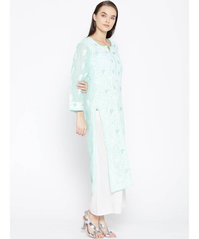 Ada Hand Embroidered Sea Green Cotton Lucknow Chikankari Women Kurta - A100122