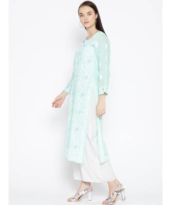 Ada Hand Embroidered Sea Green Cotton Lucknow Chikankari Women Kurta - A100122 4