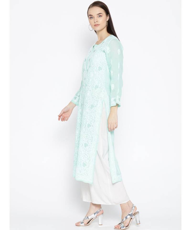 Ada Hand Embroidered Sea Green Cotton Lucknow Chikankari Women Kurta - A100122