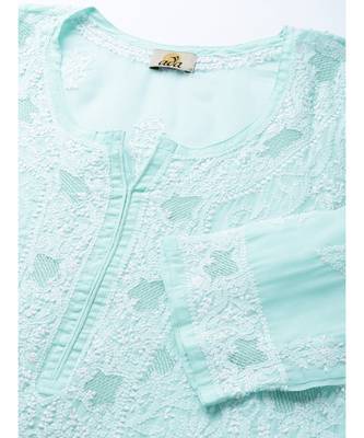 Ada Hand Embroidered Sea Green Cotton Lucknow Chikankari Women Kurta - A100122 5